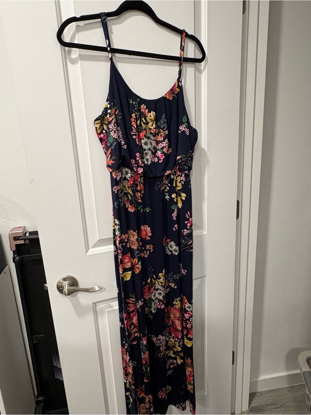 Women's Navy Floral Maxi Dress - Elegant Spaghetti Strap